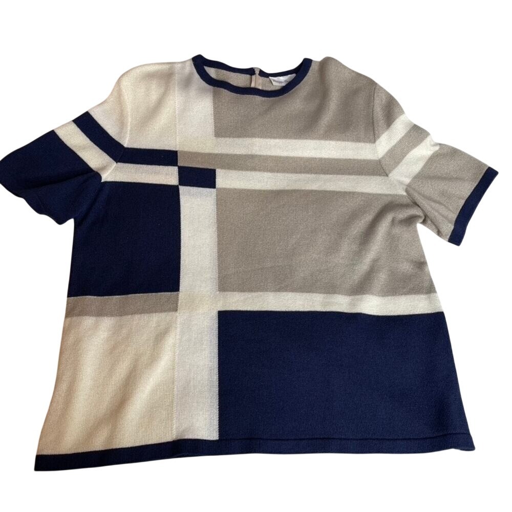 Philippe Marques Navy Cream‎ Taupe Colorblock Geometric Knit Short Sleeve Top